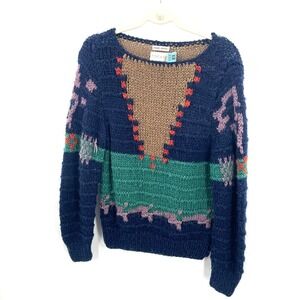 vintage Point of View Hand made knit sweater geometric 80s 90s boat neck L